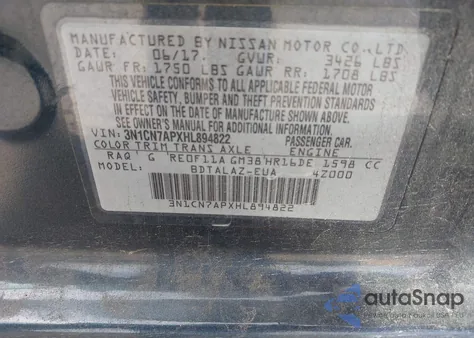 2017 Nissan Versa 1.6 S+ z USA, uszkodzony, nr VIN 3N1CN7APXHL894822